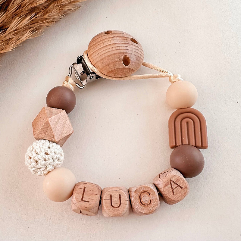 Speenkoord met naam - naturel regenboog caramel | MiniDulce