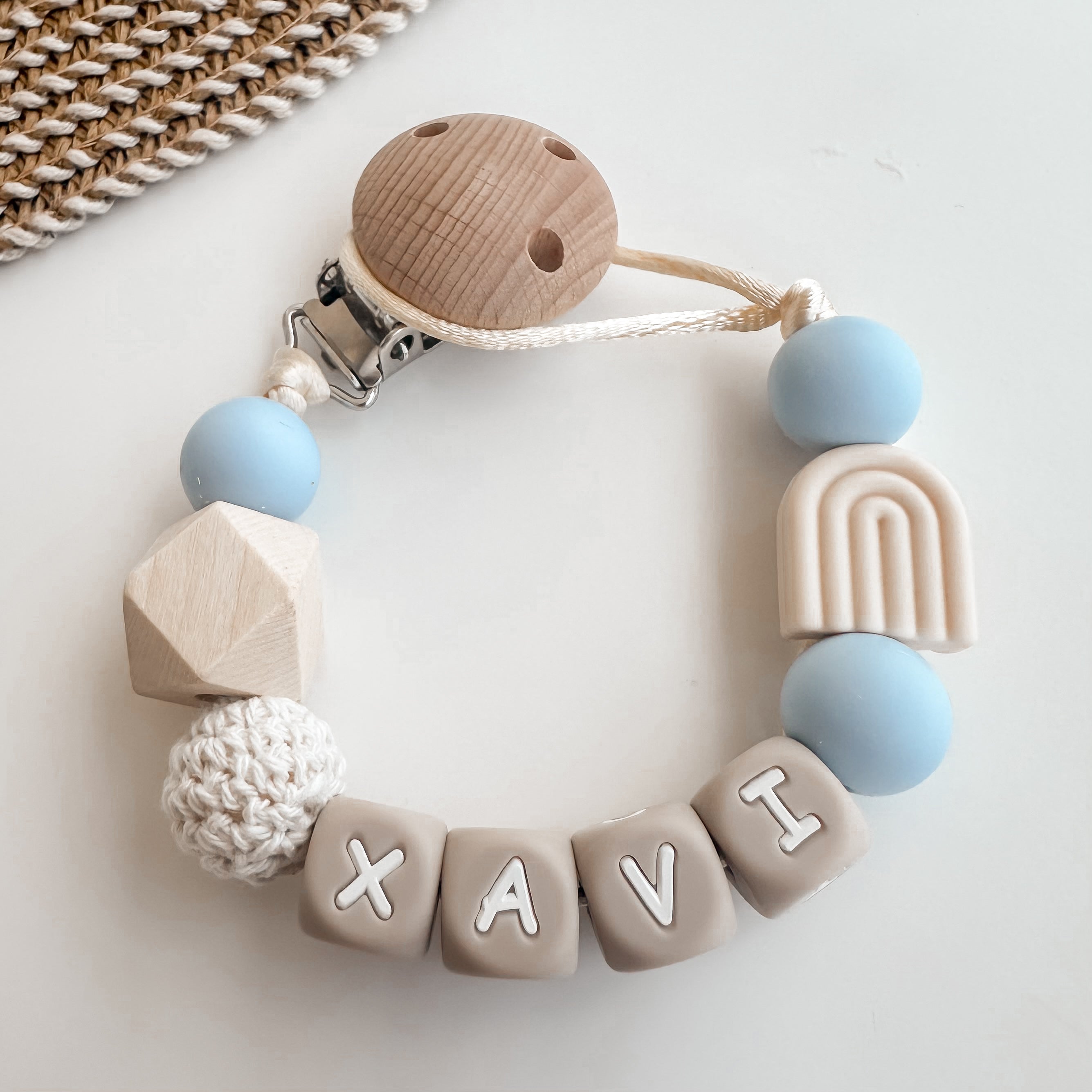 Speenkoord met naam | Regenboog beige blauw