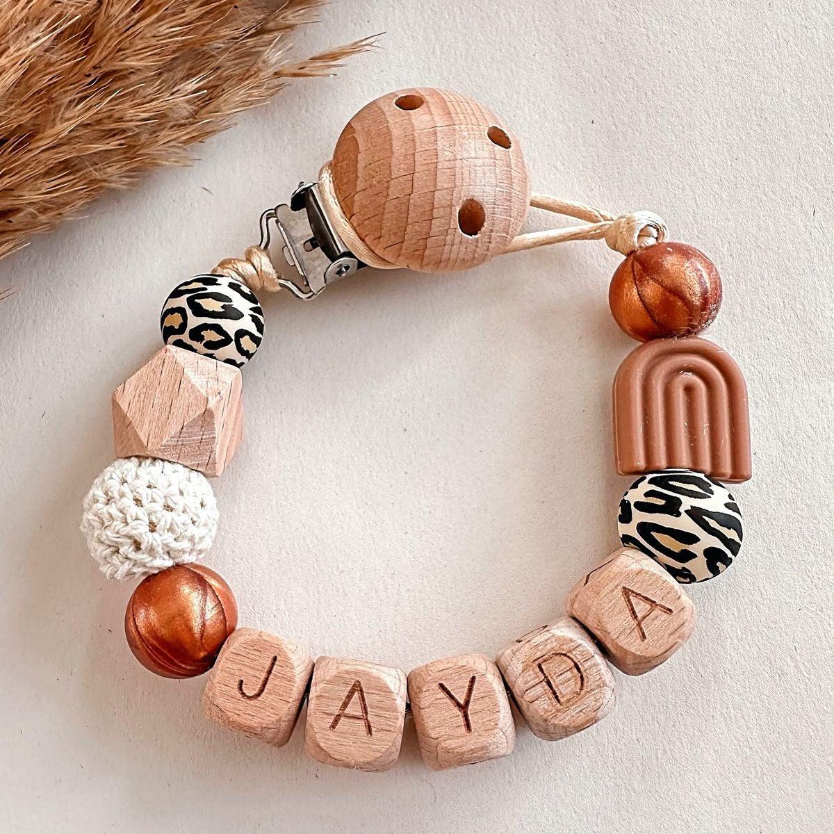 Speenkoord met naam - brons leopard regenboog | MiniDulce - Mini Dulce