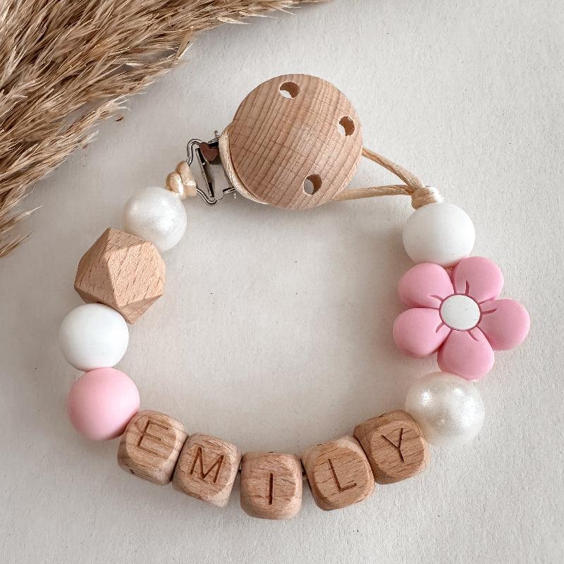 Speenkoord met naam - bloem roze parel | MiniDulce - Mini Dulce